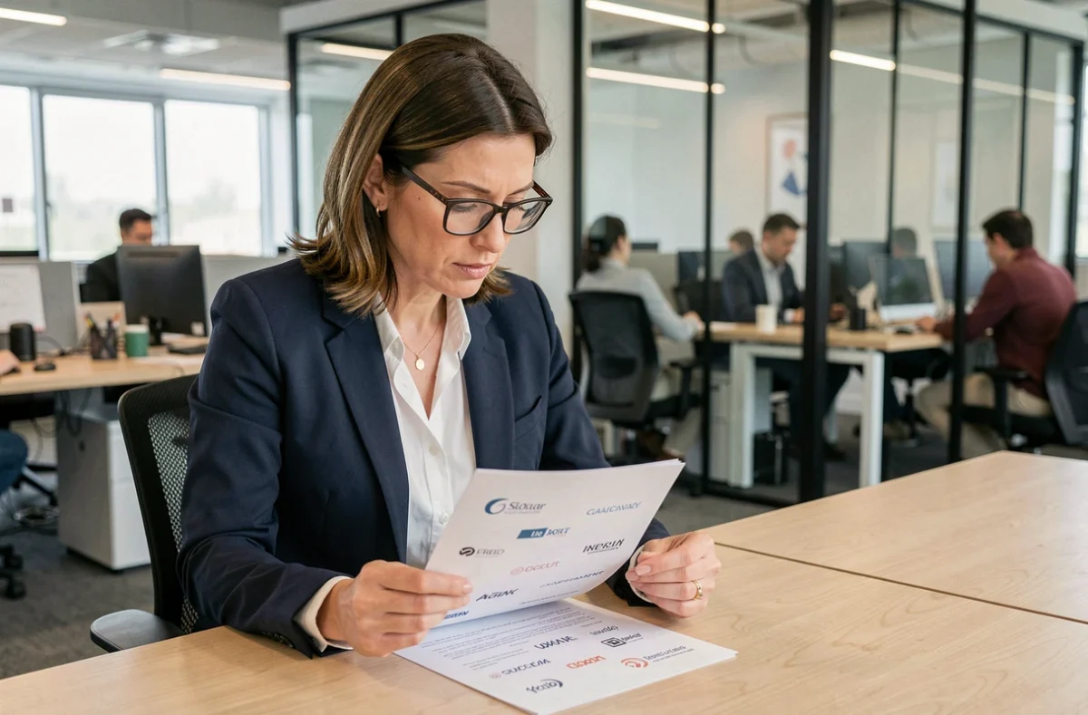 Femme d'affaires analysant un document avec des initiales de sociétés dans un bureau moderne