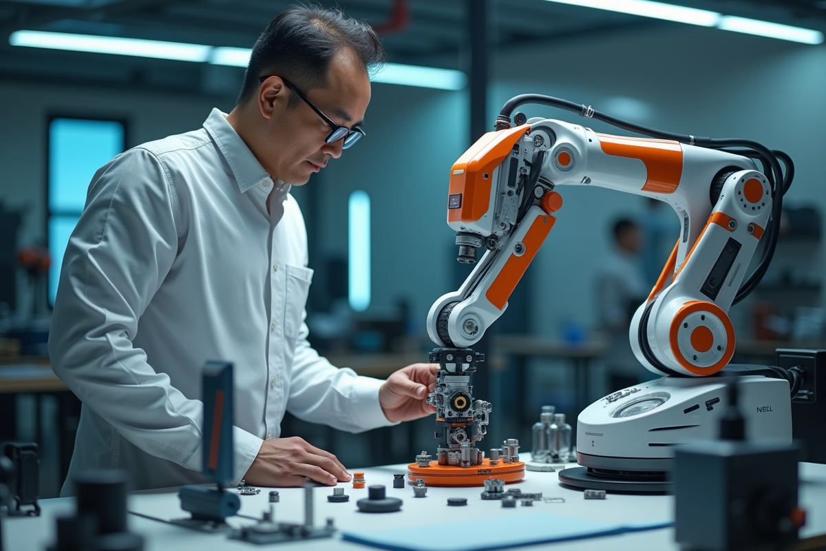 Ingénieur robotique assemblant un bras robotique