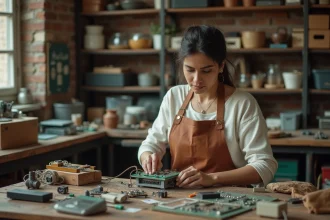 Femme ingénieure pratiquant l'innovation frugale Jugaad en assemblant un appareil à partir de composants recyclés dans un atelier artisanal