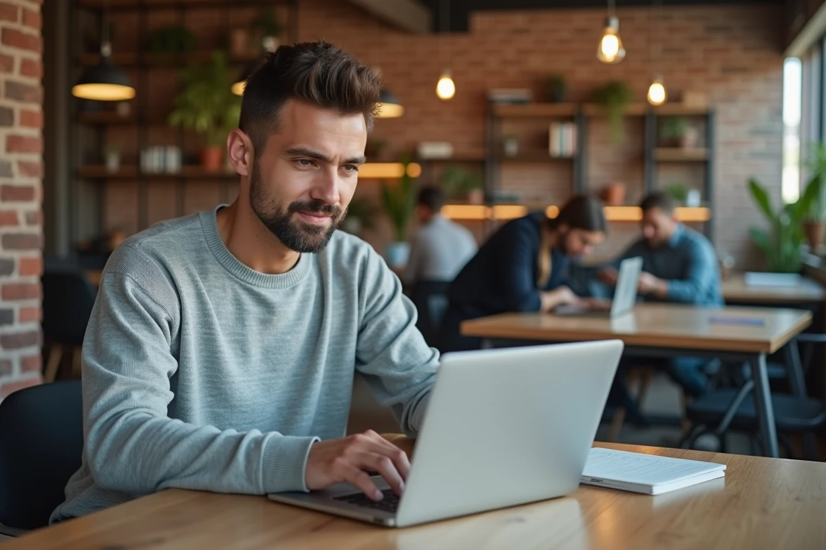 Jeune entrepreneur inscrivant sa micro-entreprise en ligne depuis un espace de coworking