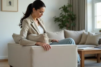 Femme inspectant la qualité du tissu et des coutures d'un canapé SOFFRAN Tapizados haut de gamme dans un salon moderne