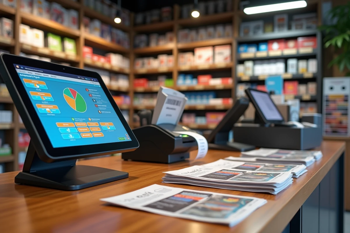 Intérieur d'un tabac-presse moderne avec terminal de caisse Bimedia Office intégré au comptoir