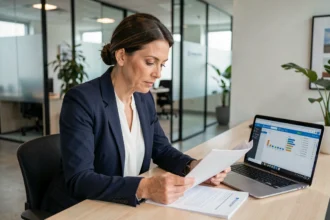 Conseillère financière analysant des documents réglementaires sur les intermédiaires de paiement en France