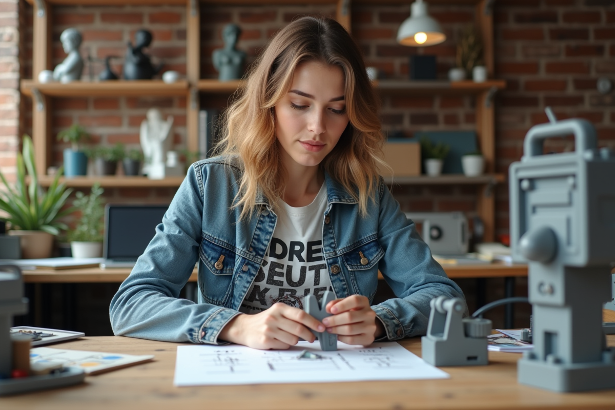 Jeune designer examinant un prototype dans son atelier