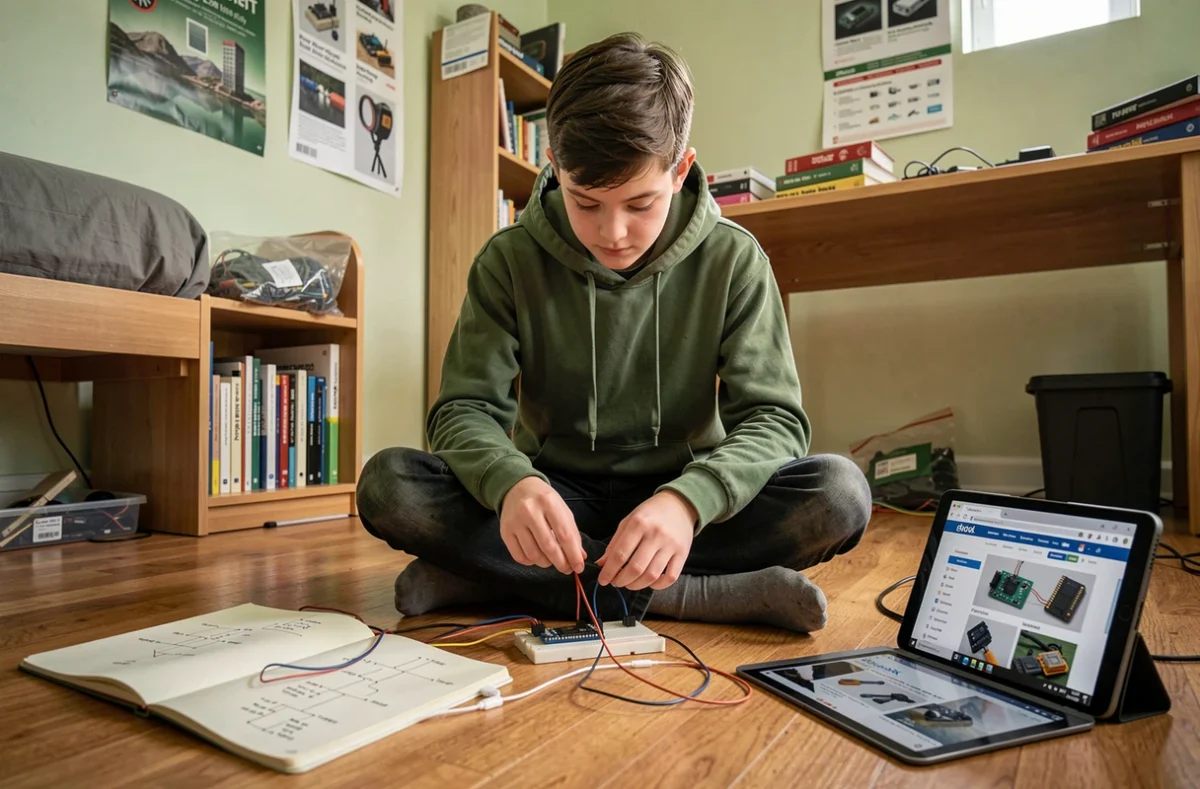Jeune passionné d'électronique réalisant un montage sur breadboard avec microcontrôleur et schéma dessiné à la main