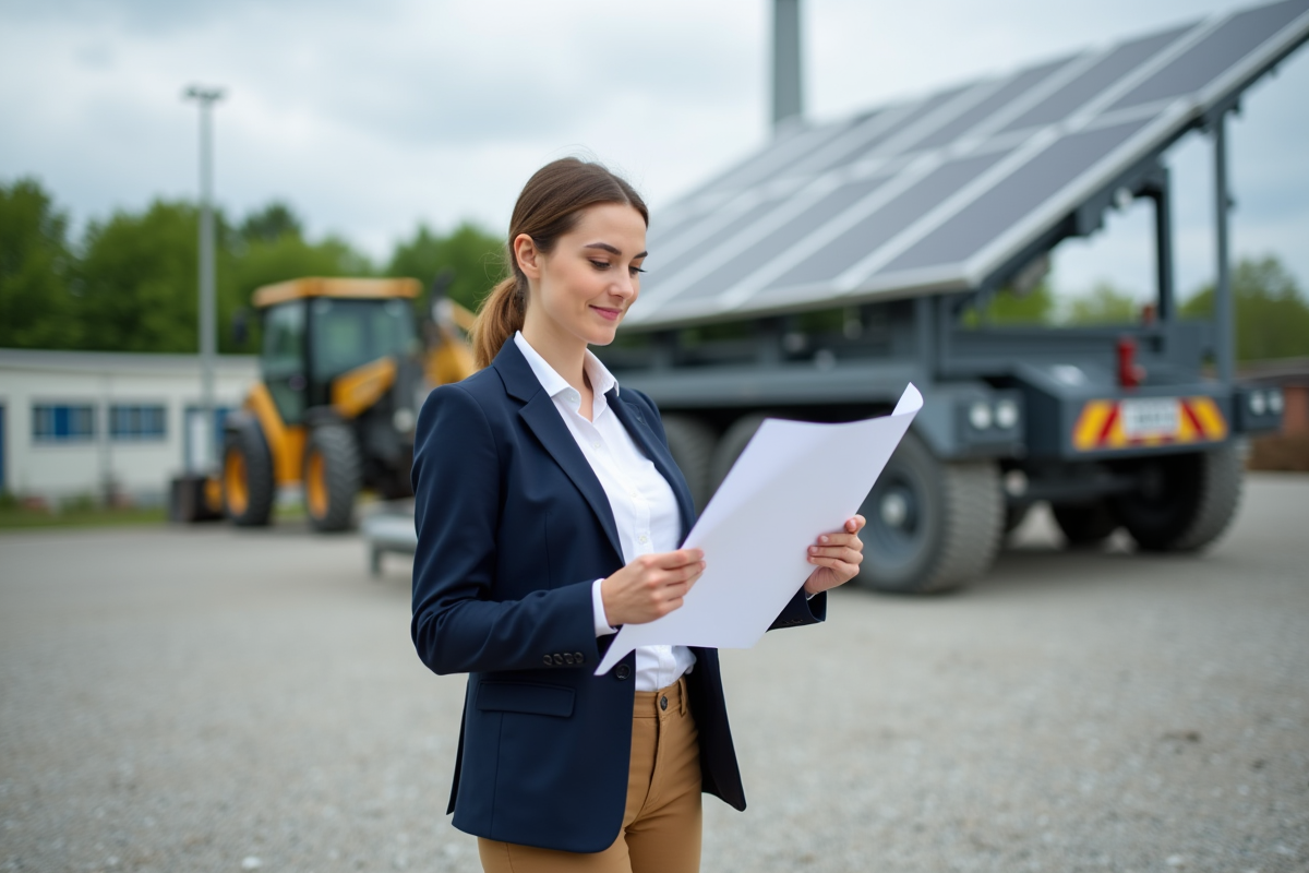 Jeune ingénieure en extérieur examinant des plans sur un site industriel