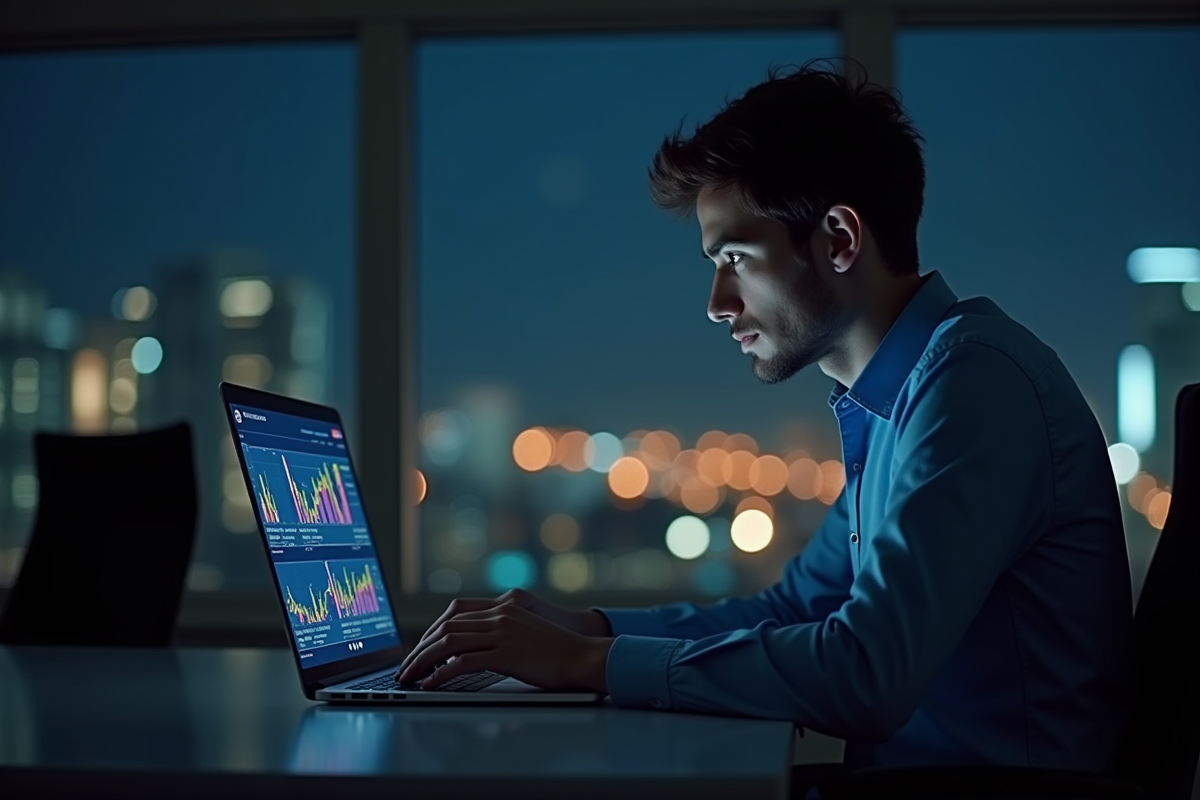 Jeune entrepreneur travaillant tard sur un ordinateur avec analytics