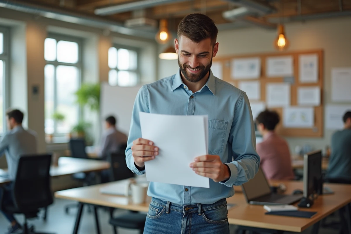 Jeune entrepreneur examinant un document dans un espace de coworking