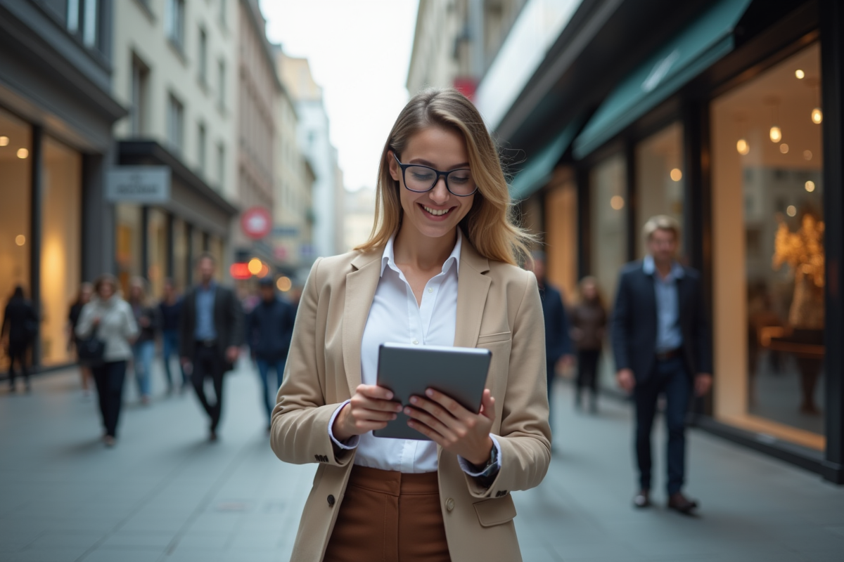 Jeune femme entrepreneure dans la rue en smart casual