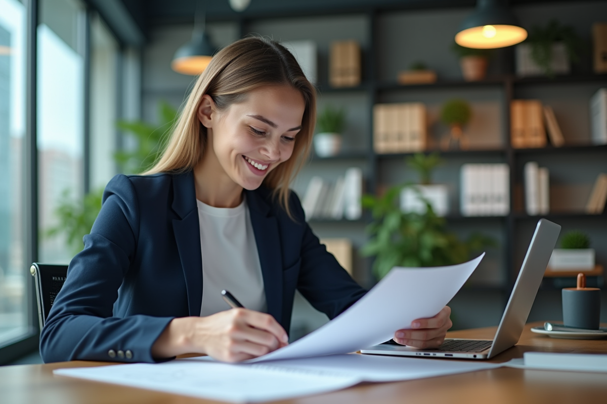 Jeune femme d'affaires en costume navy dans un bureau moderne