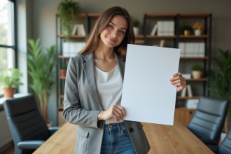 Jeune femme professionnelle tenant une affiche de vente dans un bureau moderne
