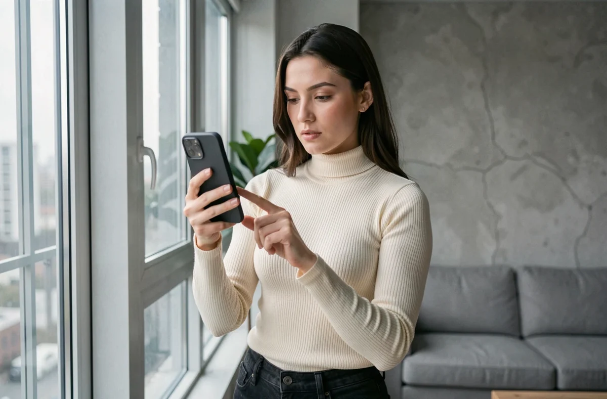 Jeune femme analysant un appel suspect sur son téléphone dans un appartement moderne
