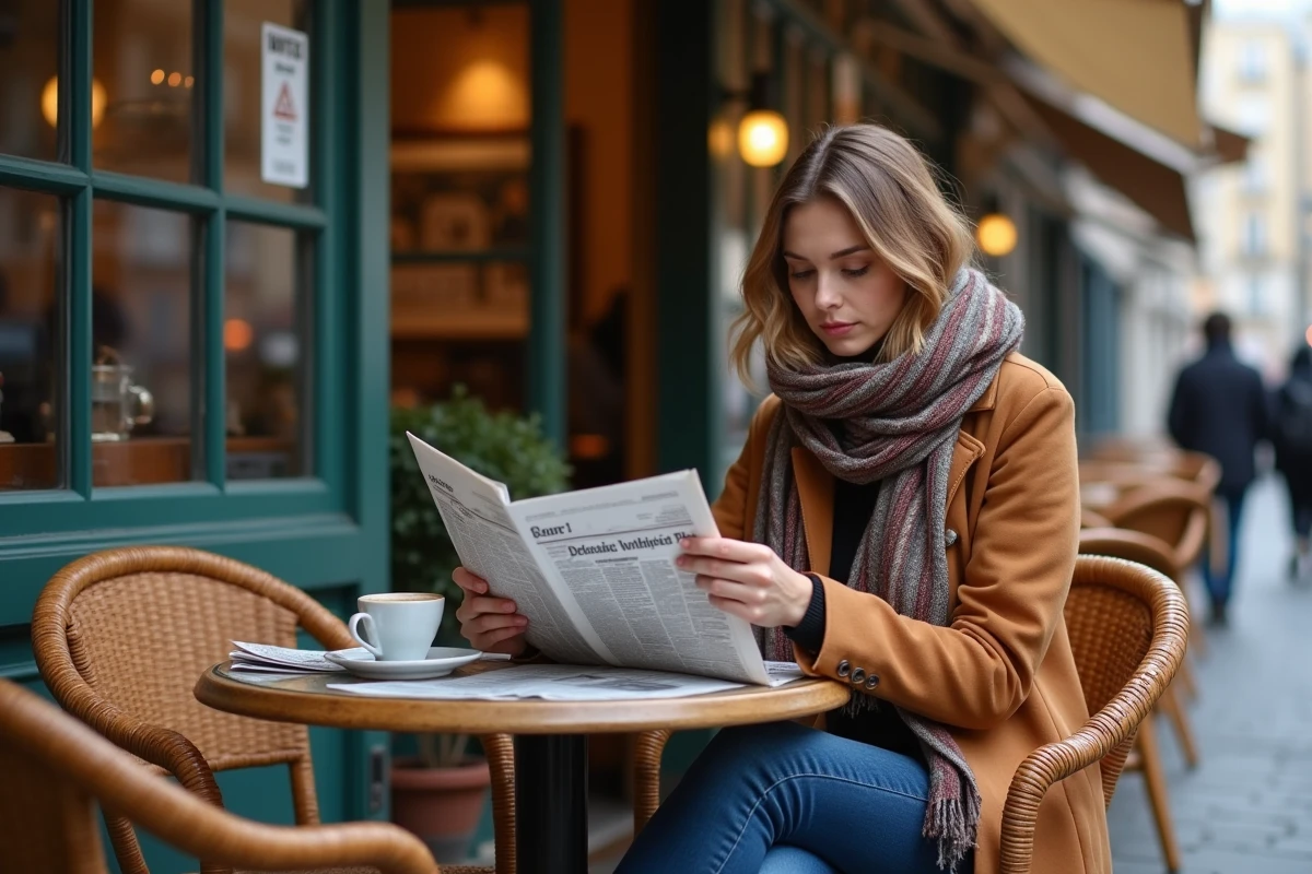 Jeune femme lisant un journal dans un café parisien
