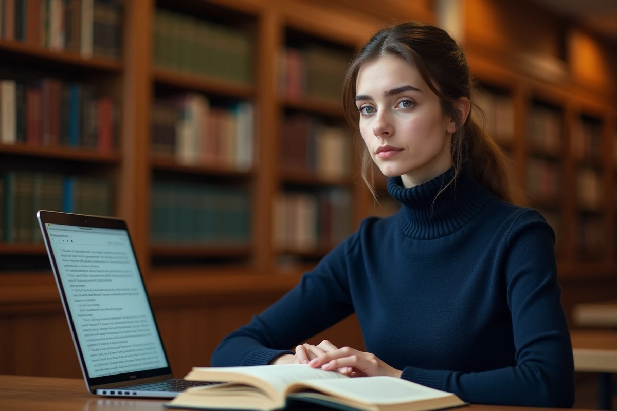 Jeune femme consultant un guide de style et un ordinateur portable pour corriger des erreurs de français dans un document professionnel