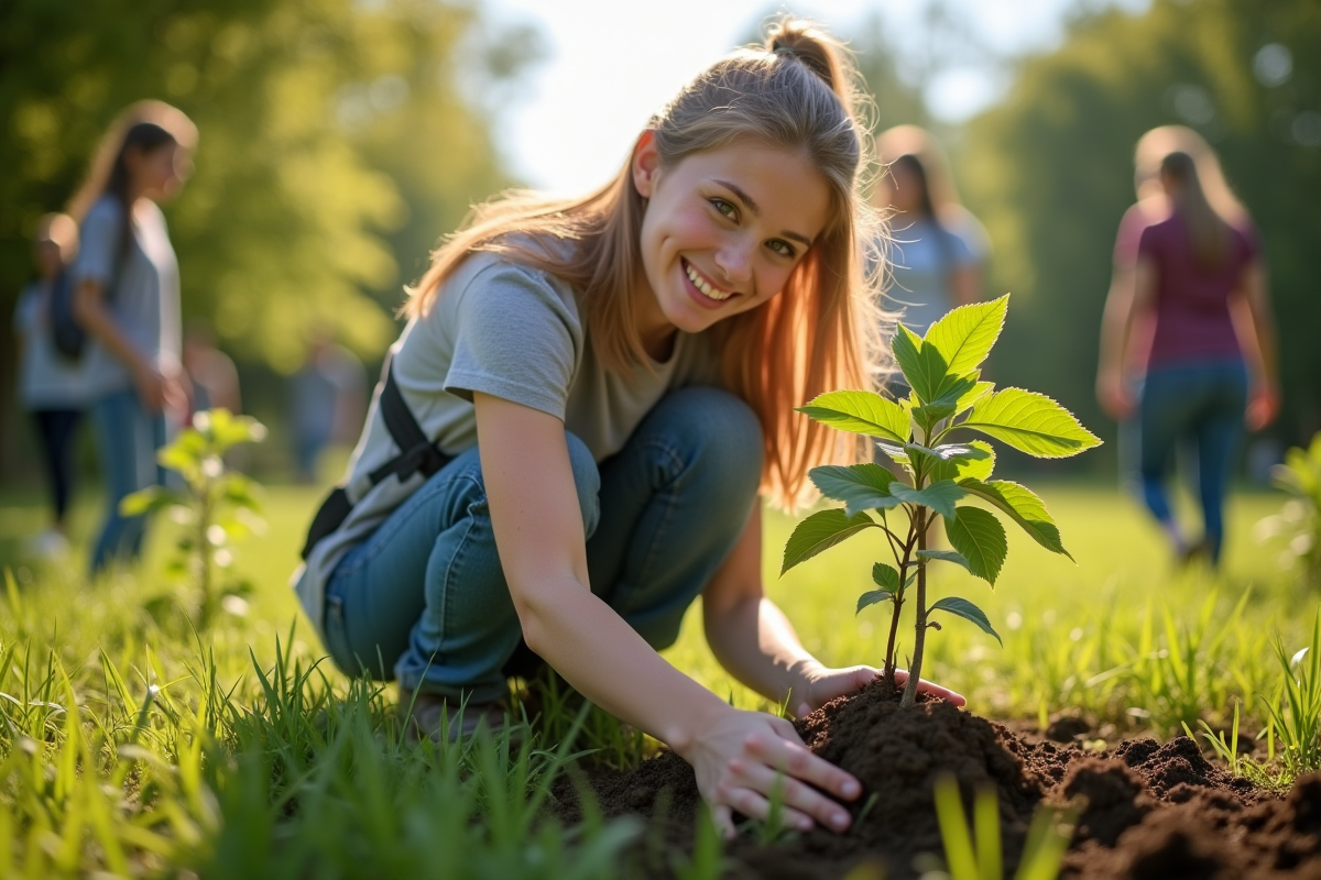 Jeune femme plantant des arbres avec des volontaires dans un parc ensoleille