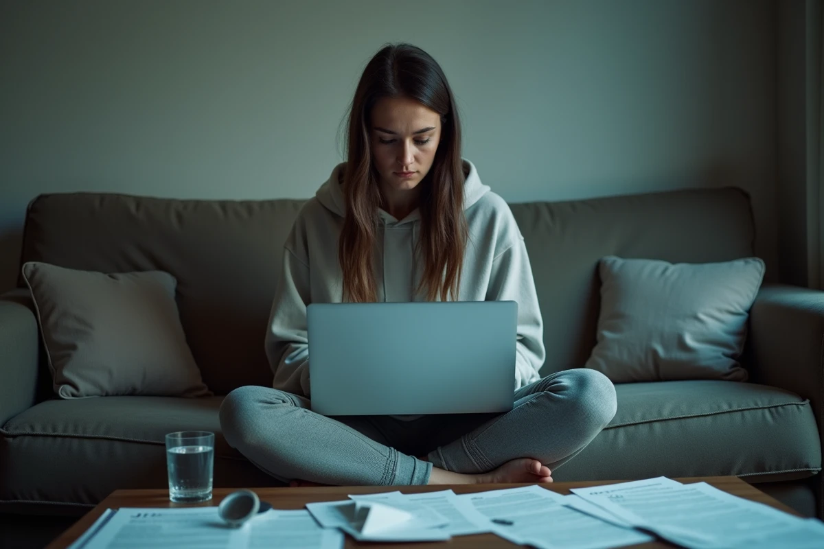 Jeune femme en télétravail lisant des offres d'emploi full remote sur son canapé, entourée de documents imprimés, dans une atmosphère de méfiance et de fatigue