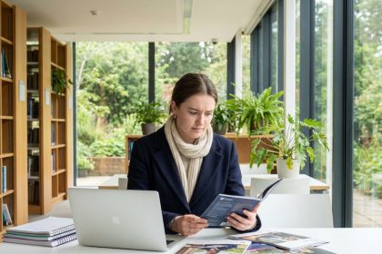 Jeune femme en &eacute;tude universitaire recherche brochures