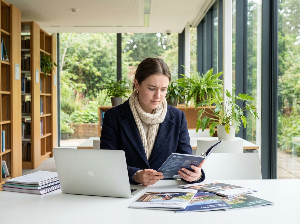 Jeune femme en étude universitaire recherche brochures