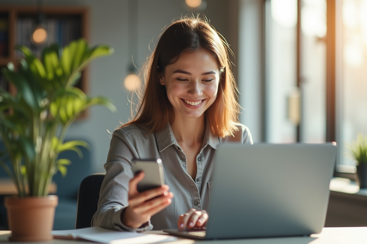 Jeune femme souriante utilisant son smartphone au bureau
