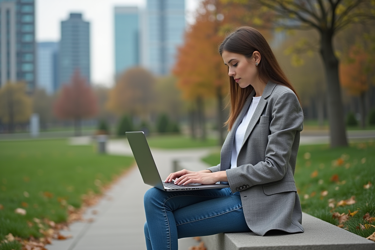 Jeune femme travaillant sur son ordinateur dans un parc urbain