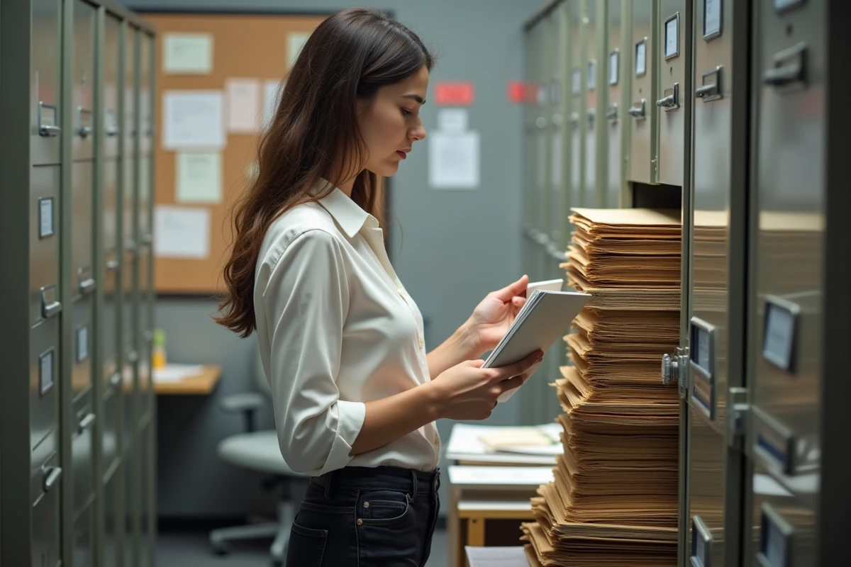 Jeune femme triant des dossiers dans une salle d archives