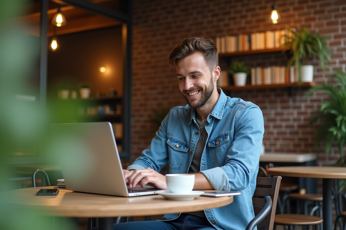 Jeune homme travaille sur son ordinateur dans un café cosy