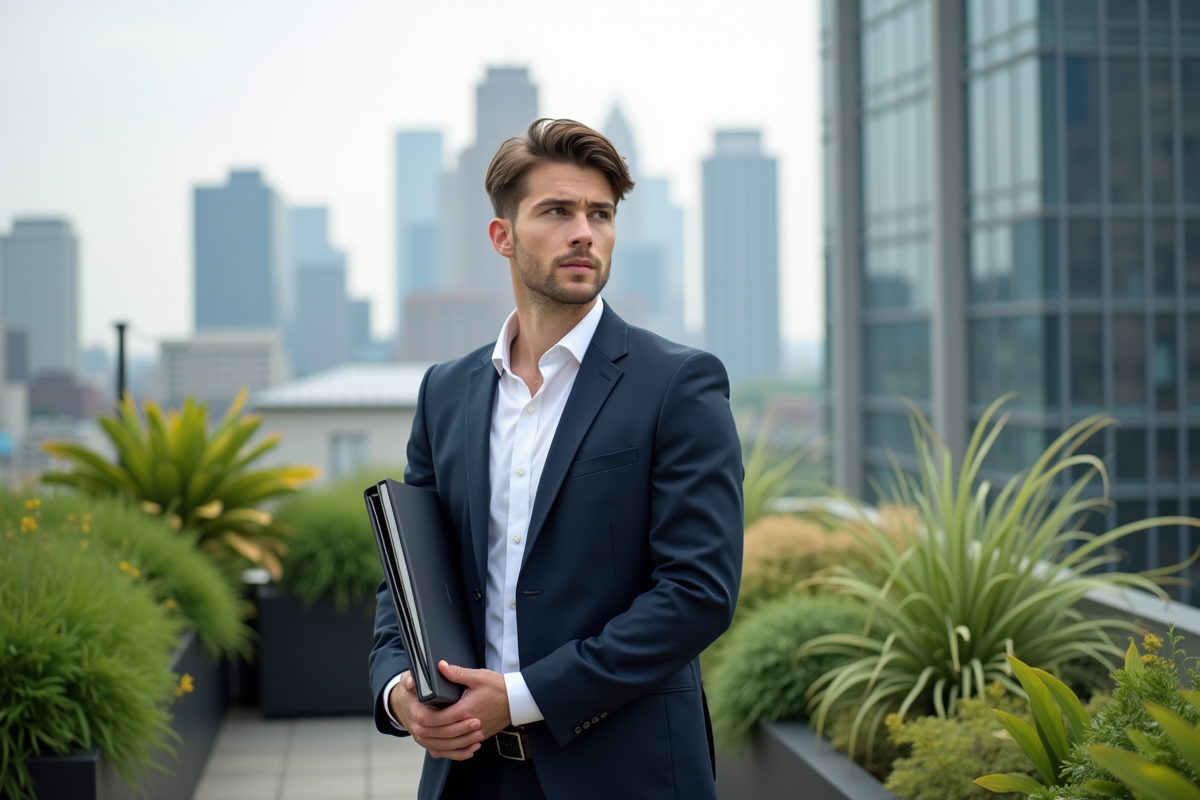 Jeune homme confiant sur un rooftop avec vue urbaine et jardin