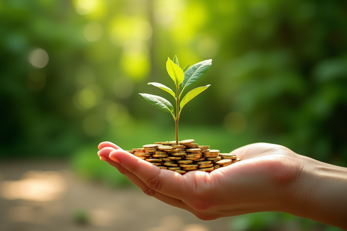 Main tenant une jeune plante sur des pièces d or brillantes