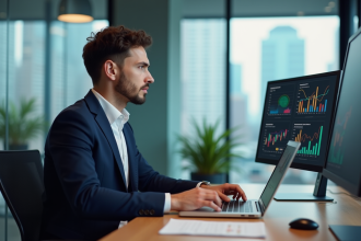Jeune homme en costume analysant des graphiques dans un bureau moderne
