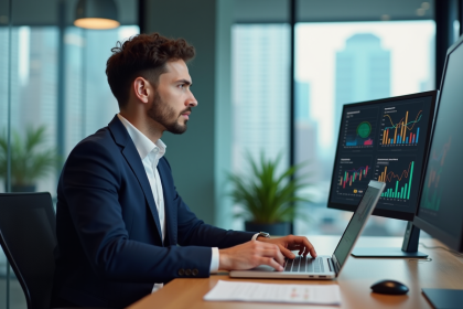 Jeune homme en costume analysant des graphiques dans un bureau moderne
