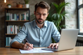 Jeune homme professionnel esquissant les trois piliers SEO