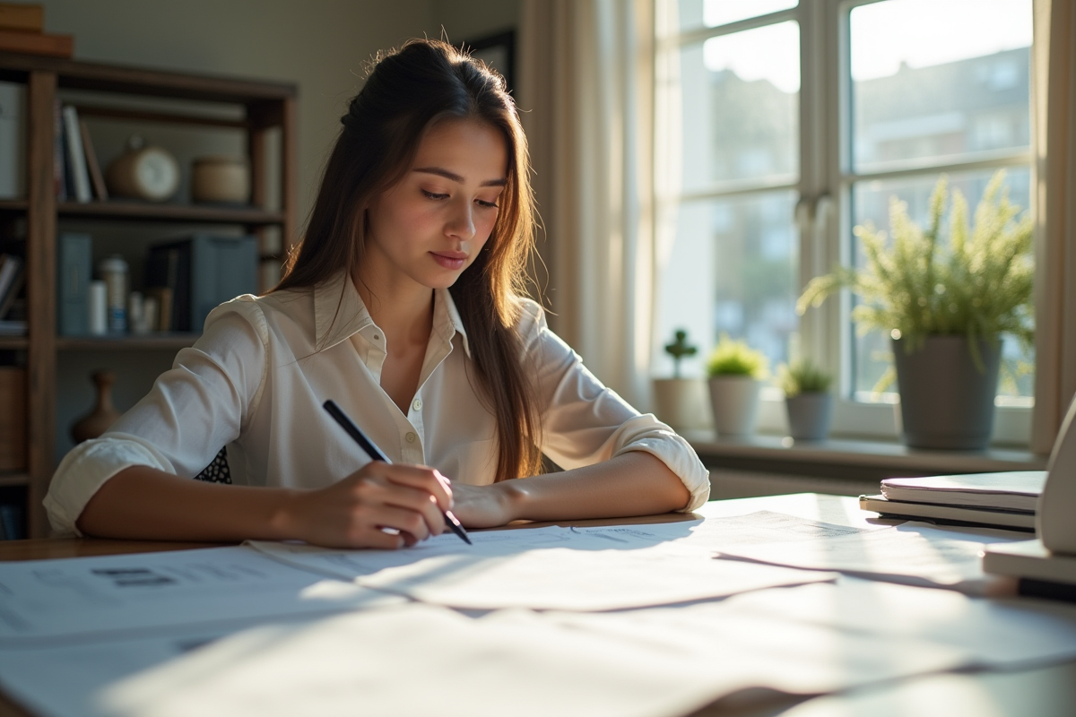 Jeune couturiere concentrée sur ses documents de couture