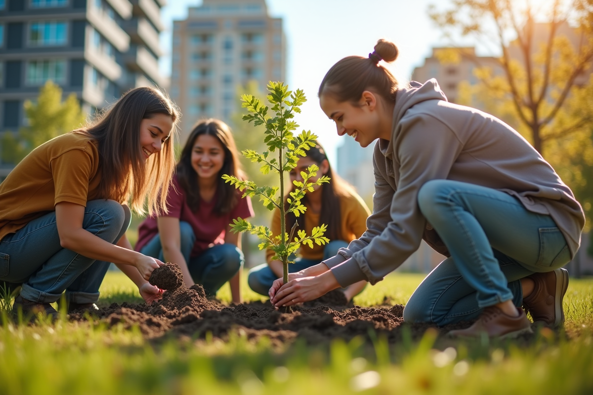Groupe de bénévoles plantant des jeunes arbres dans un parc urbain ensoleille