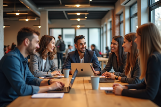 Groupe de jeunes entrepreneurs autour d'une table à Station F