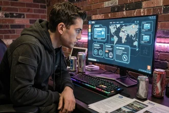 Joueur concentré devant un écran affichant une interface futuriste de carte d'accès dans Arc Raiders, bureau gaming encombré en arrière-plan
