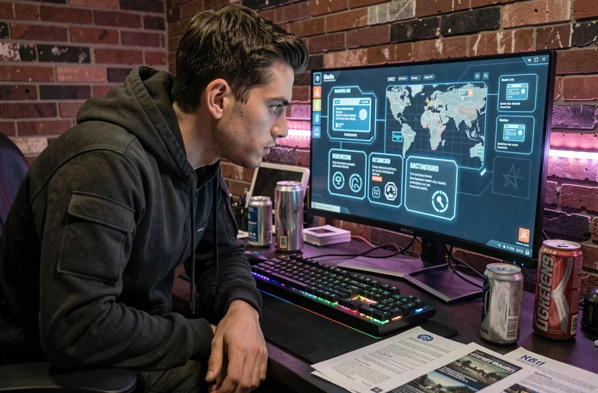 Joueur concentré devant un écran affichant une interface futuriste de carte d'accès dans Arc Raiders, bureau gaming encombré en arrière-plan