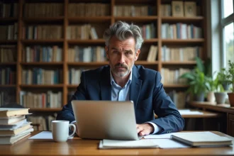 Journaliste homme en blazer dans un bureau lumineux