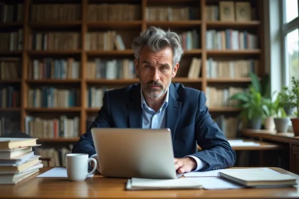Journaliste homme en blazer dans un bureau lumineux