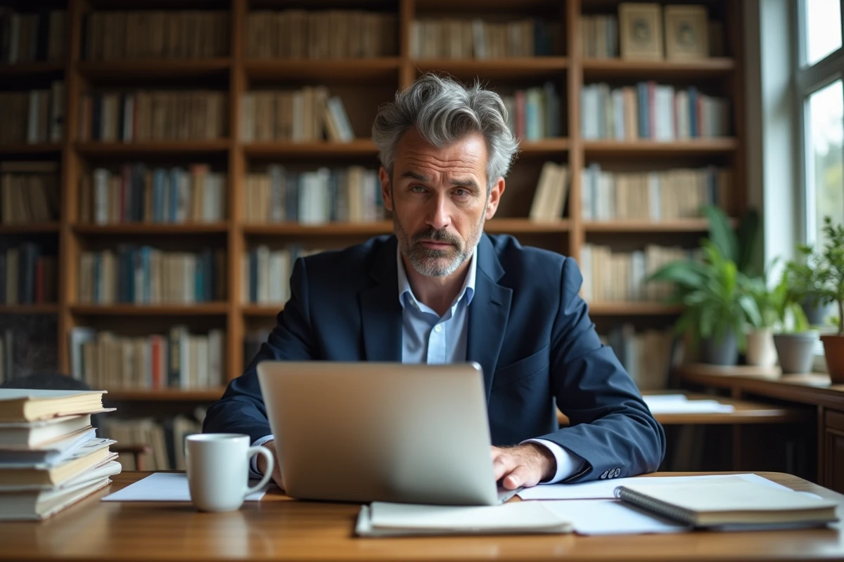 Journaliste homme en blazer dans un bureau lumineux