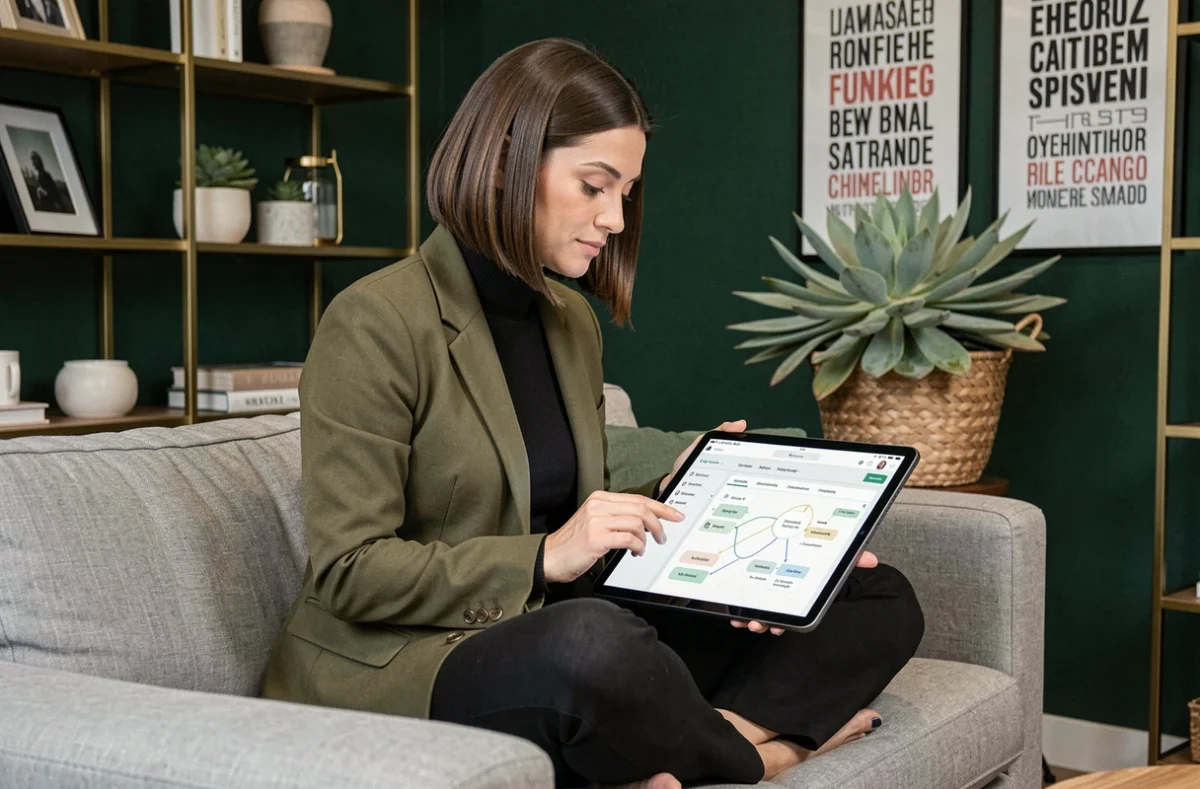 Consultante SEO de l'agence Keyweo à Saint-Mandé travaillant sur des recherches de mots-clés depuis une tablette dans un bureau au design soigné