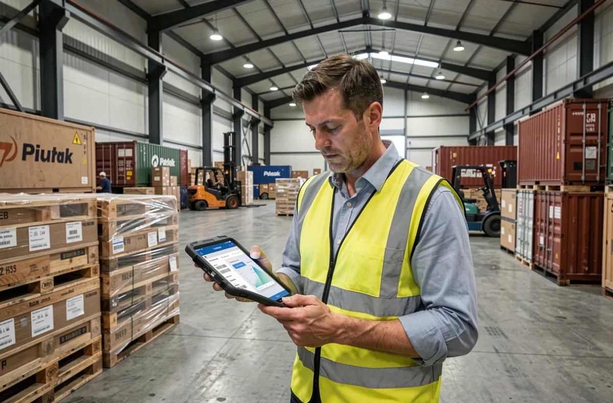 Professionnel de la logistique scannant des colis dans un entrepôt douanier avec une tablette connectée