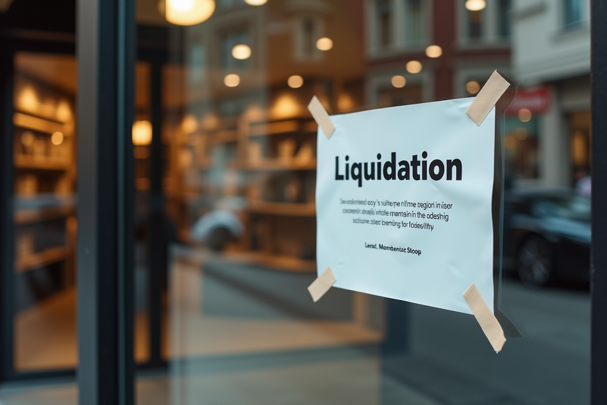 Vitrine d'un magasin fermé avec une affiche liquidation