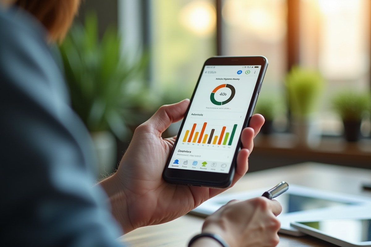 Main tenant un smartphone affichant des analyses marketing digitales