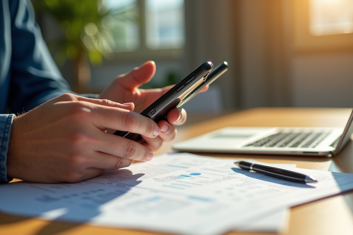 Mains tenant un smartphone avec application crypto et documents