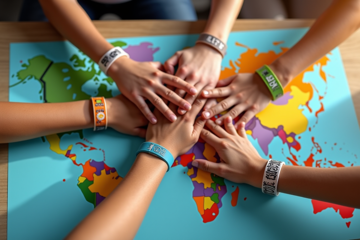 Mains de différentes couleurs sur une carte du monde illustrée