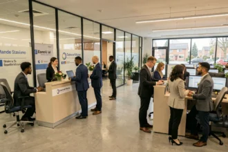 Vue d'ensemble d'une agence d'intérim moderne en Seine-et-Marne avec des candidats et des recruteurs en interaction dans un espace de travail contemporain