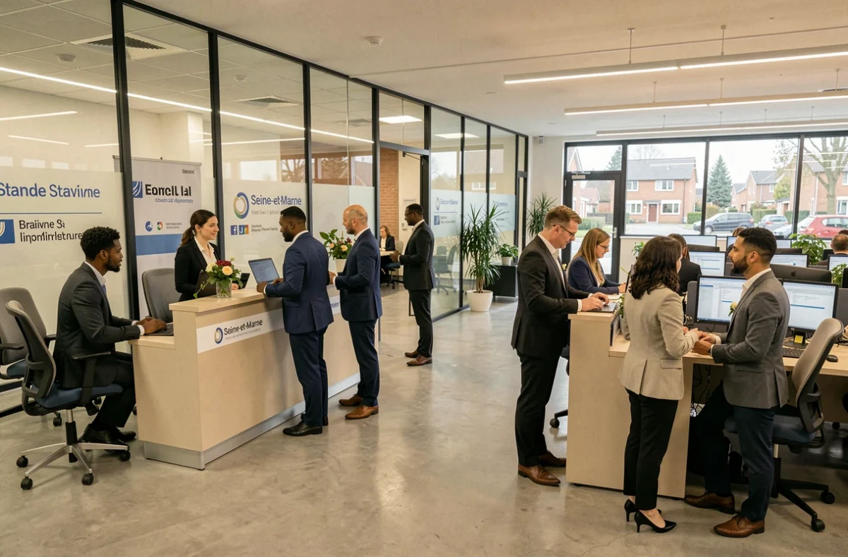 Vue d'ensemble d'une agence d'intérim moderne en Seine-et-Marne avec des candidats et des recruteurs en interaction dans un espace de travail contemporain