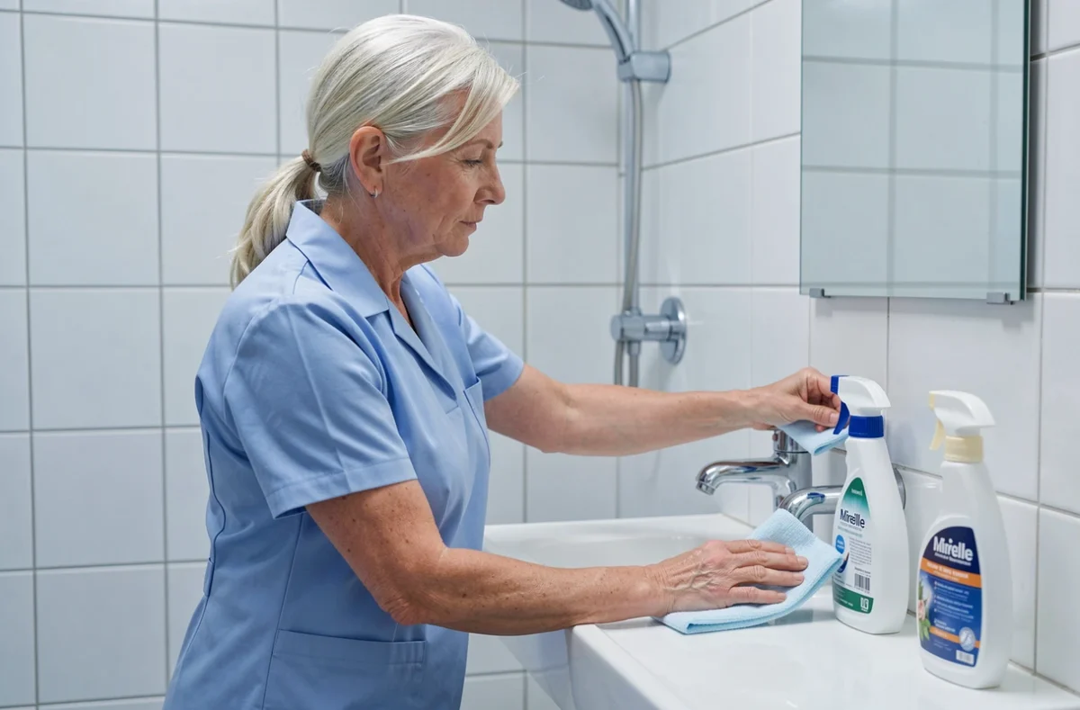 Mireille Pinard nettoyant méticuleusement des équipements sanitaires dans un établissement public