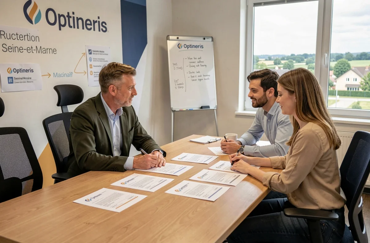 Recruteur Optineris en Seine-et-Marne présentant plusieurs offres d'emploi polyvalentes à des candidats dans une agence d'intérim moderne