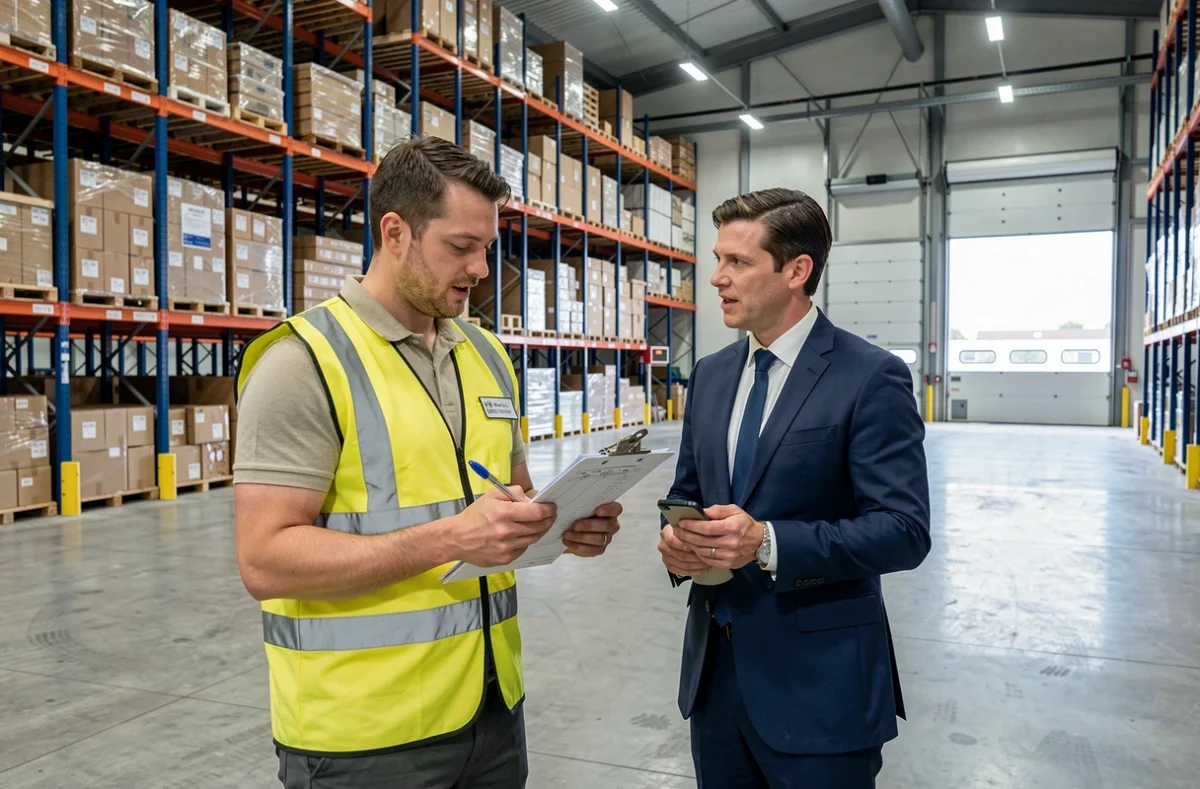 Coordinateur logistique et représentant de l'agence Option Intérim examinant des plannings dans un entrepôt de transport en Seine-et-Marne